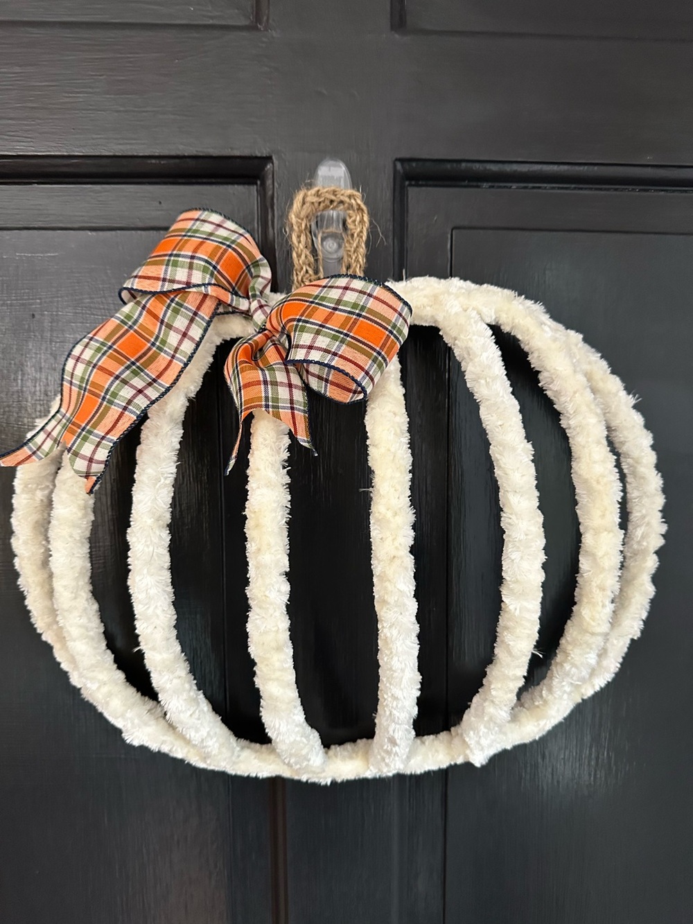 Cozy Cream Pumpkin Wreath with Orange Plaid Bow - Home Holiday Decor